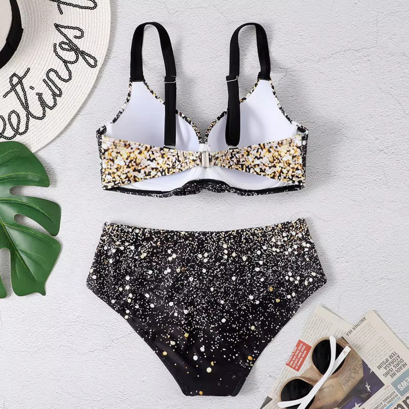 Bikini donna a vita alta con stampa a foglie