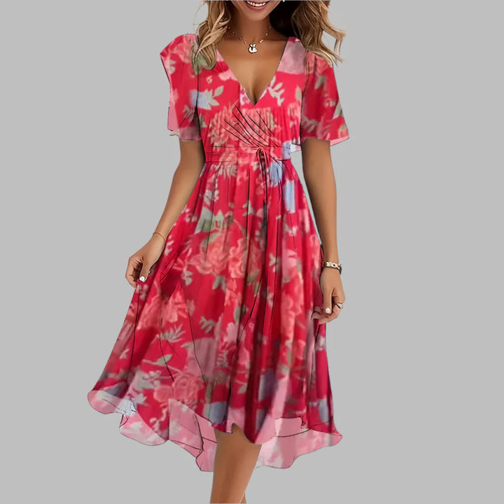 Elegante abito midi con balze floreali da donna