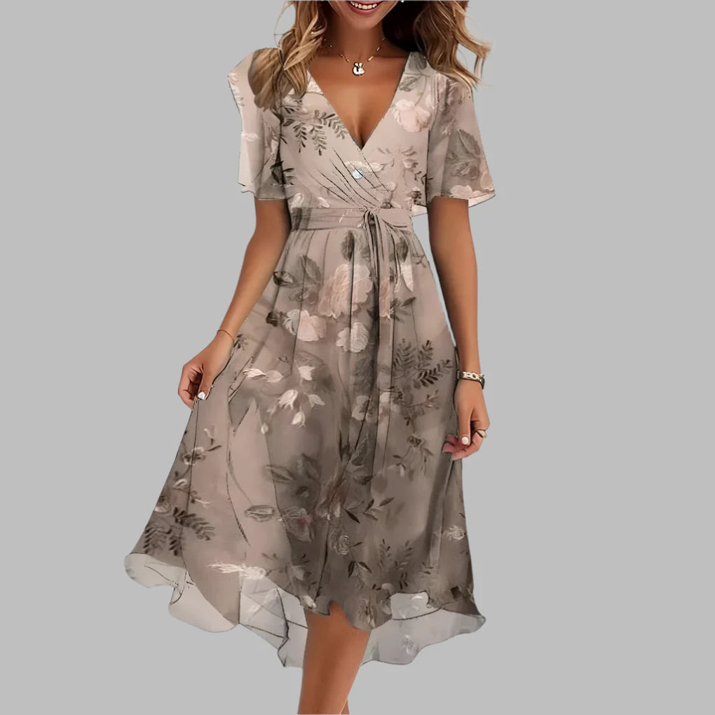Elegante abito midi con balze floreali da donna
