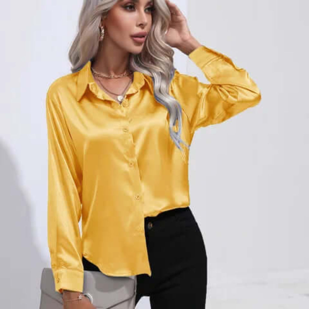 Blusa da donna in raso con maniche lunghe e vestibilità ampia