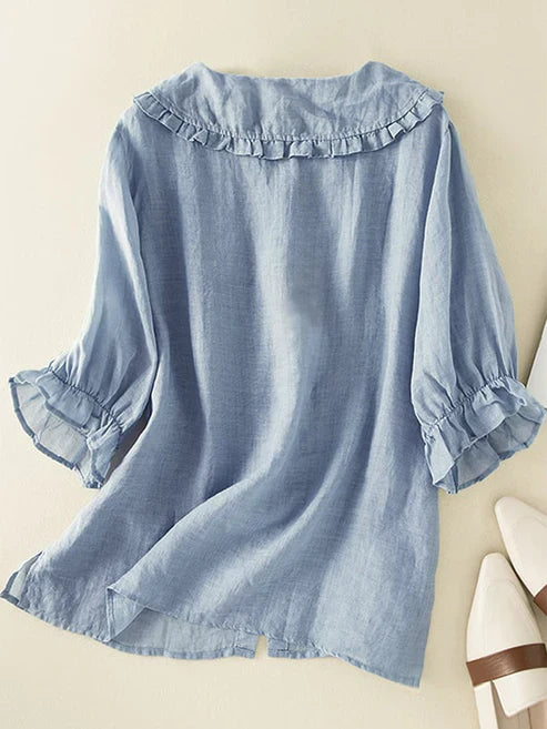 Camicia da donna in cotone e lino con collo Peter Pan arricciato
