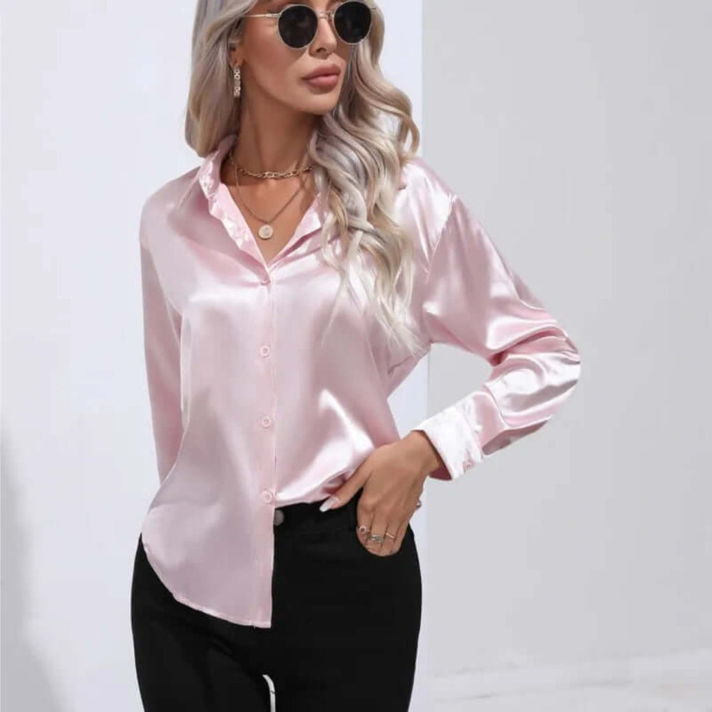 Blusa da donna in raso con maniche lunghe e vestibilità ampia
