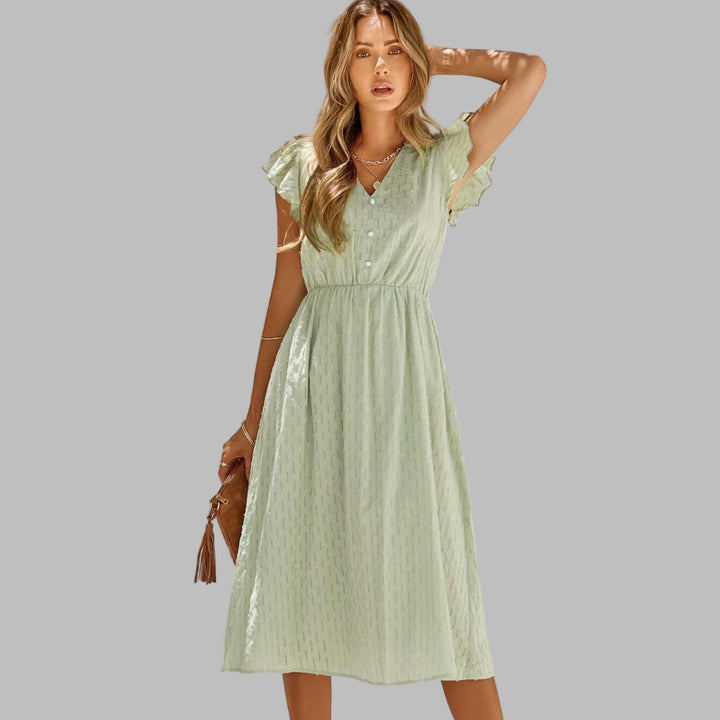 Abito midi da donna con scollo a V e volant