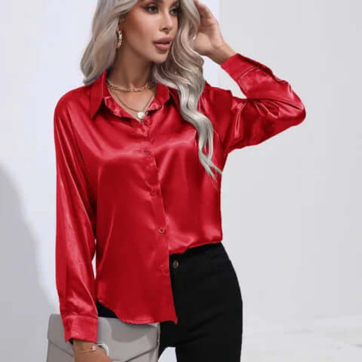 Blusa da donna in raso con maniche lunghe e vestibilità ampia