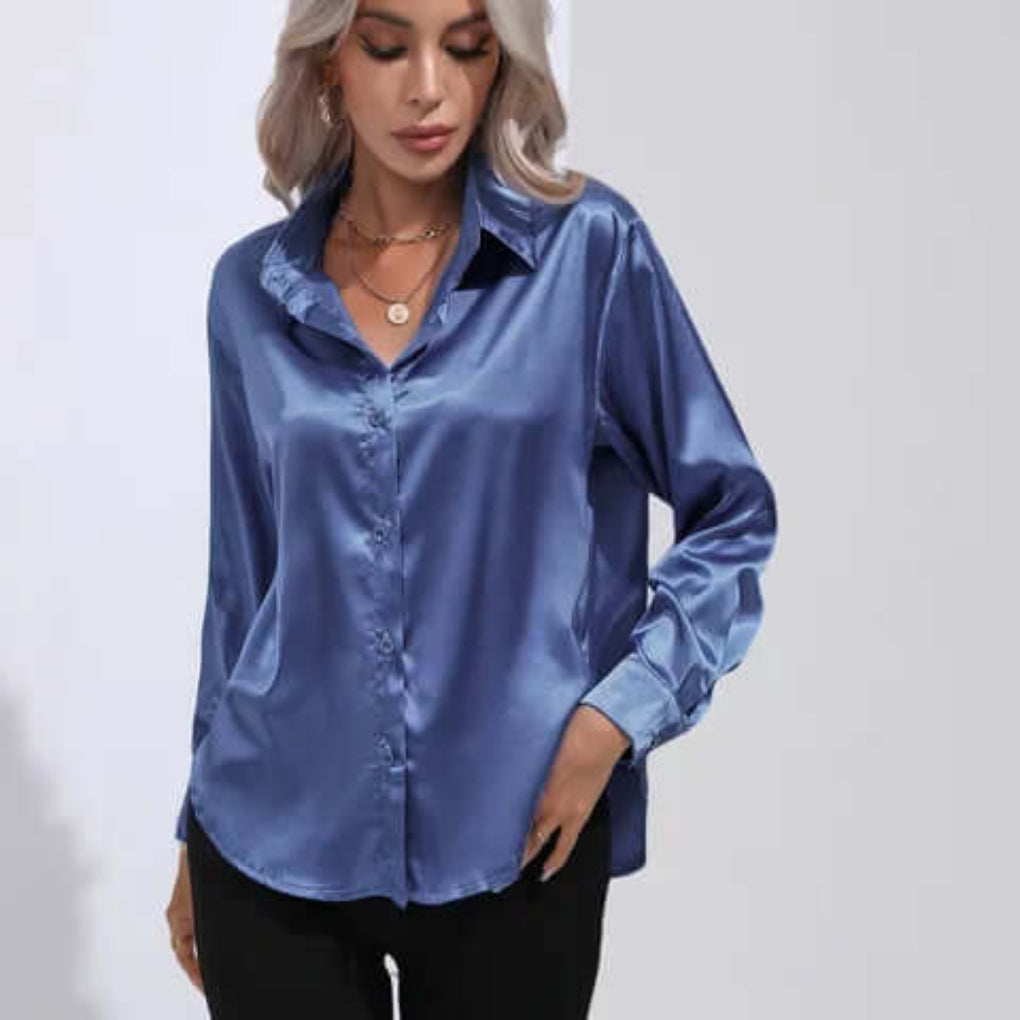 Blusa da donna in raso con maniche lunghe e vestibilità ampia