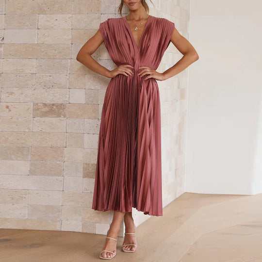 Abito elegante da donna con scollo a V e senza maniche