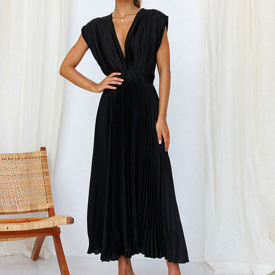 Abito elegante da donna con scollo a V e senza maniche