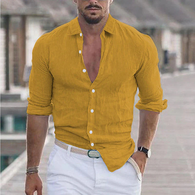 Camicia da uomo in lino con colletto risvoltato
