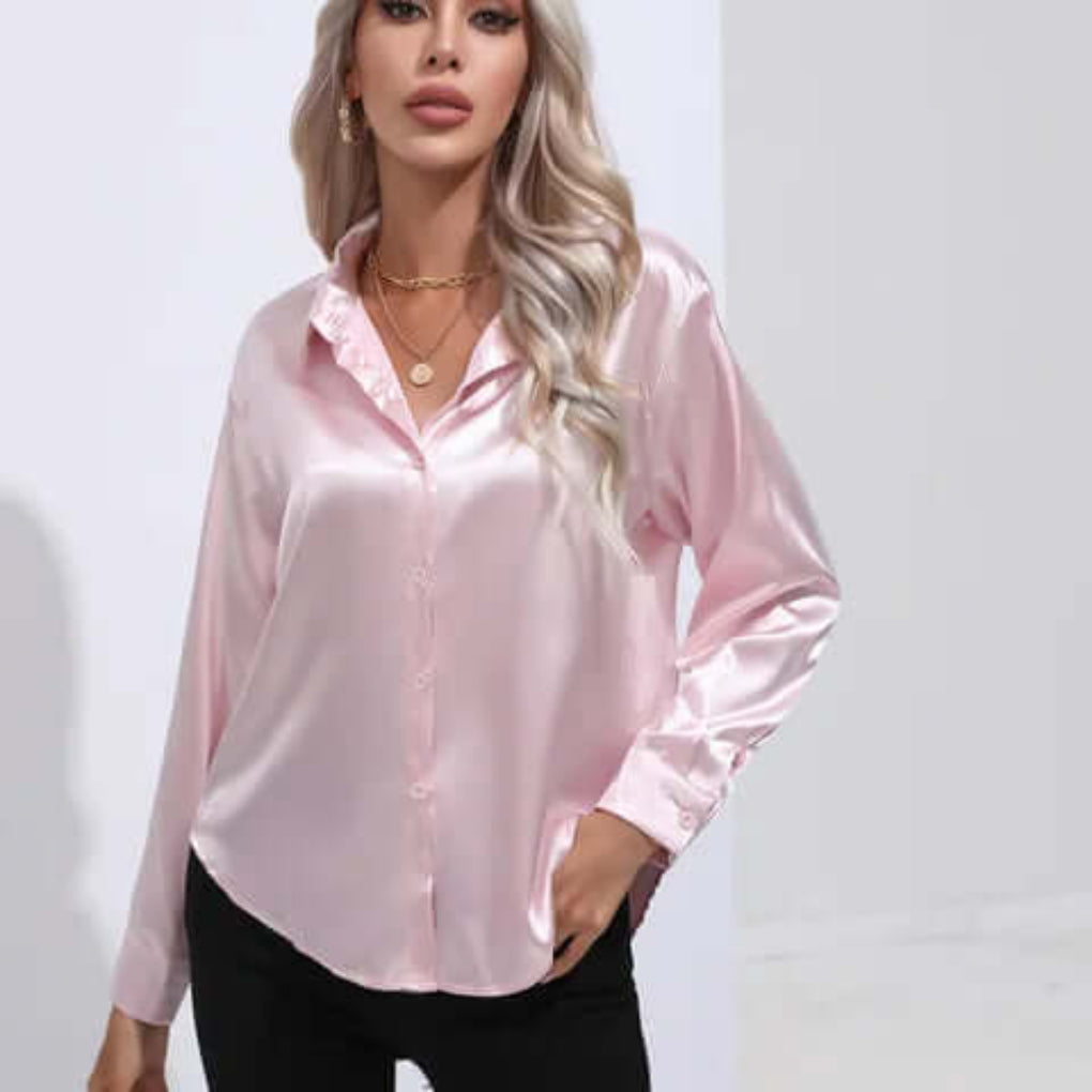 Blusa da donna in raso con maniche lunghe e vestibilità ampia