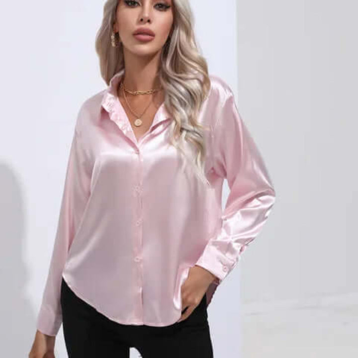 Blusa da donna in raso con maniche lunghe e vestibilità ampia