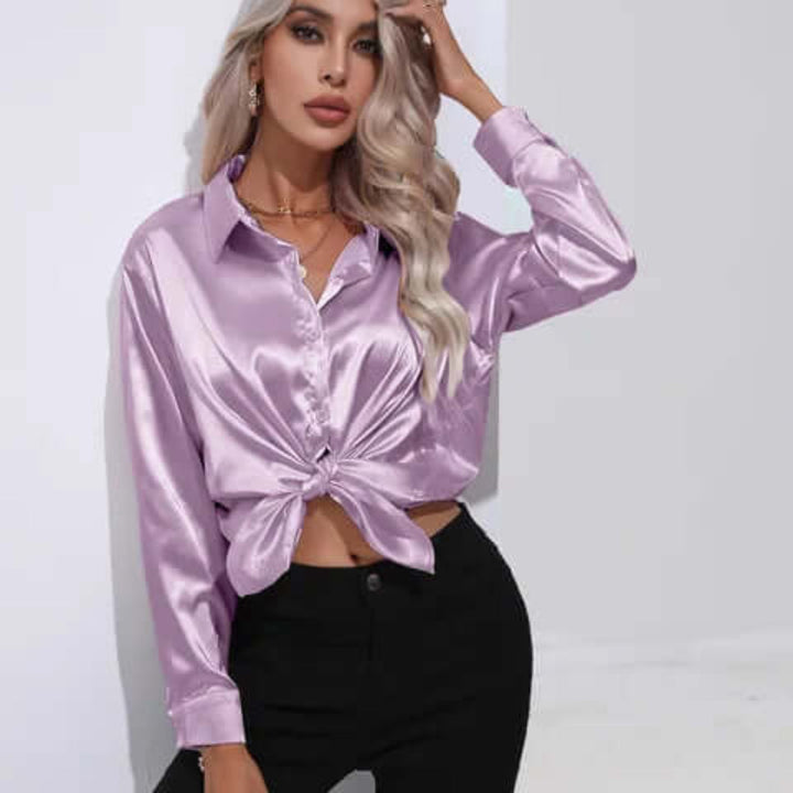 Blusa da donna in raso con maniche lunghe e vestibilità ampia