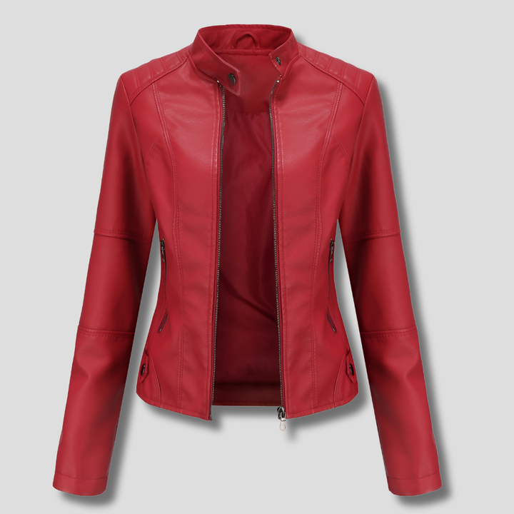 Chaqueta de motociclista de cuero roja ajustada para mujer