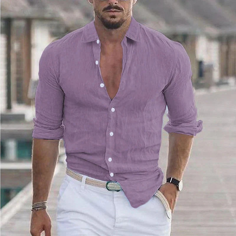 Camicia da uomo in lino con colletto risvoltato