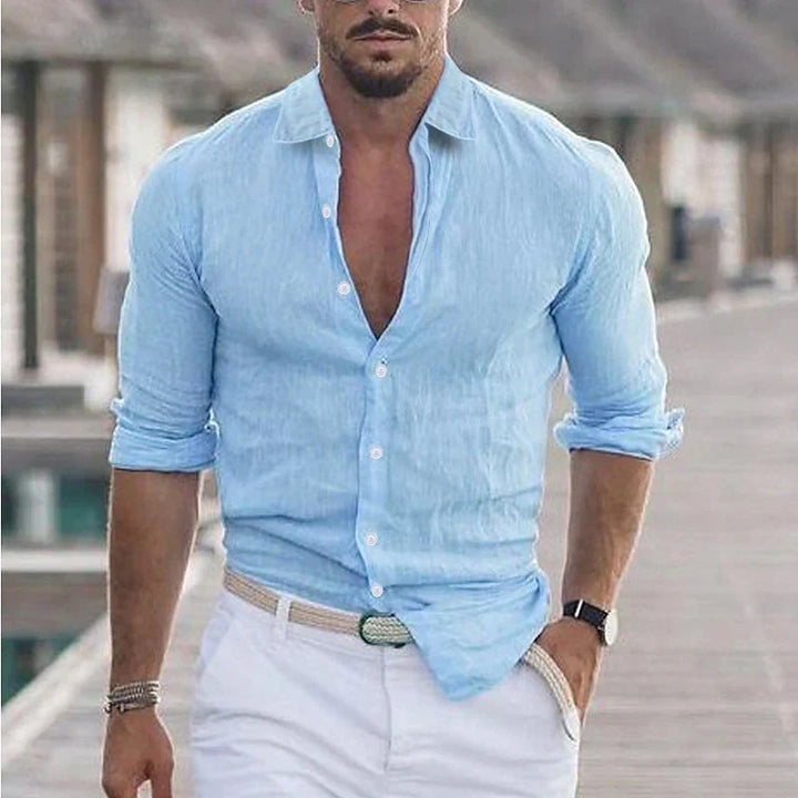 Camicia da uomo in lino con colletto risvoltato