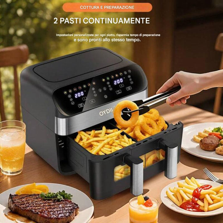 Friggitrice ad aria doppia zona 12 in 1 con sistema a 2 cestelli